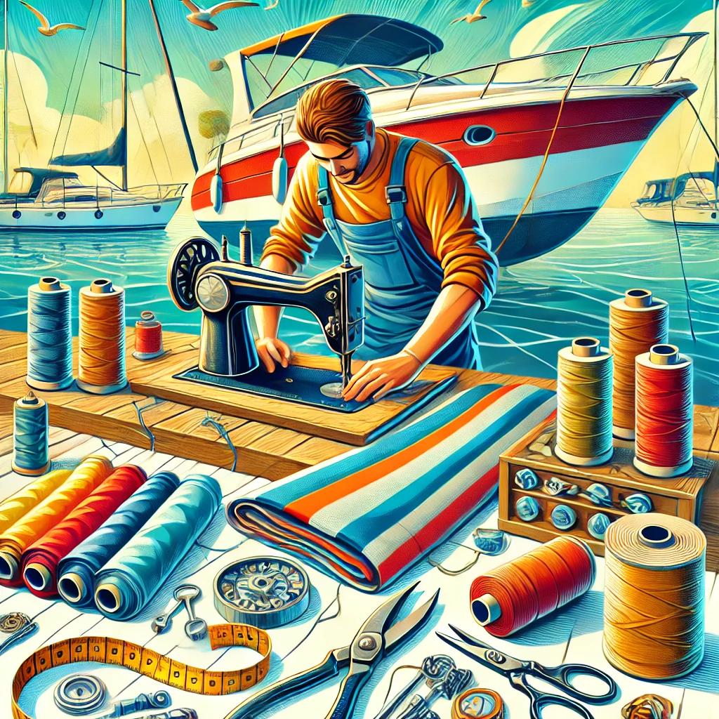 A craftsman working near the ocean with a sewing machine and a boat in the background.