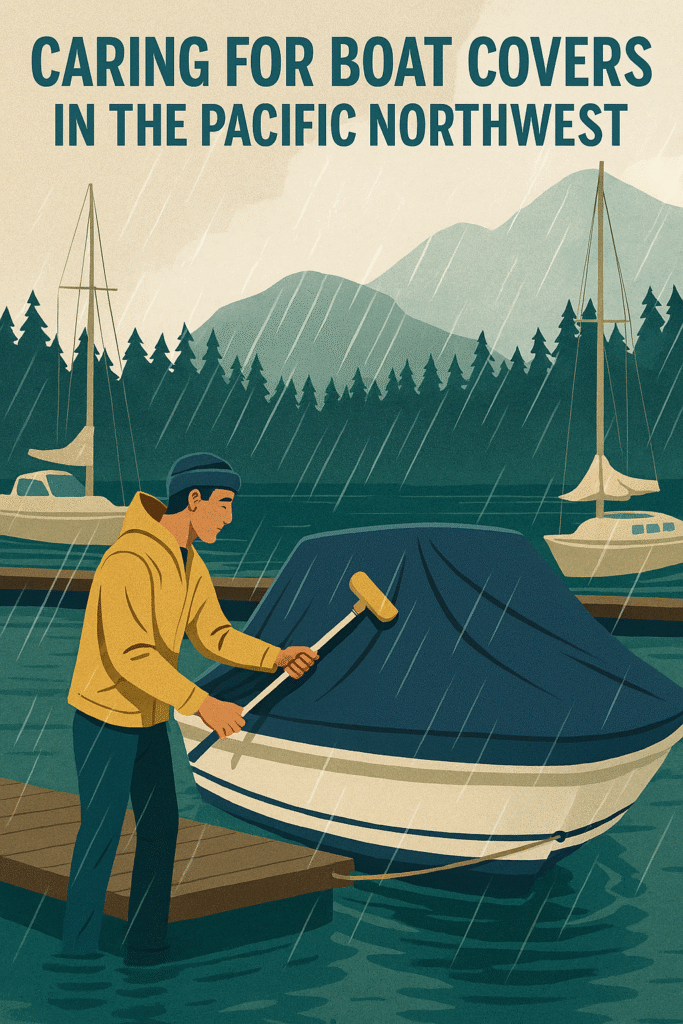 Person cleaning their boat cover in the Pacific North West