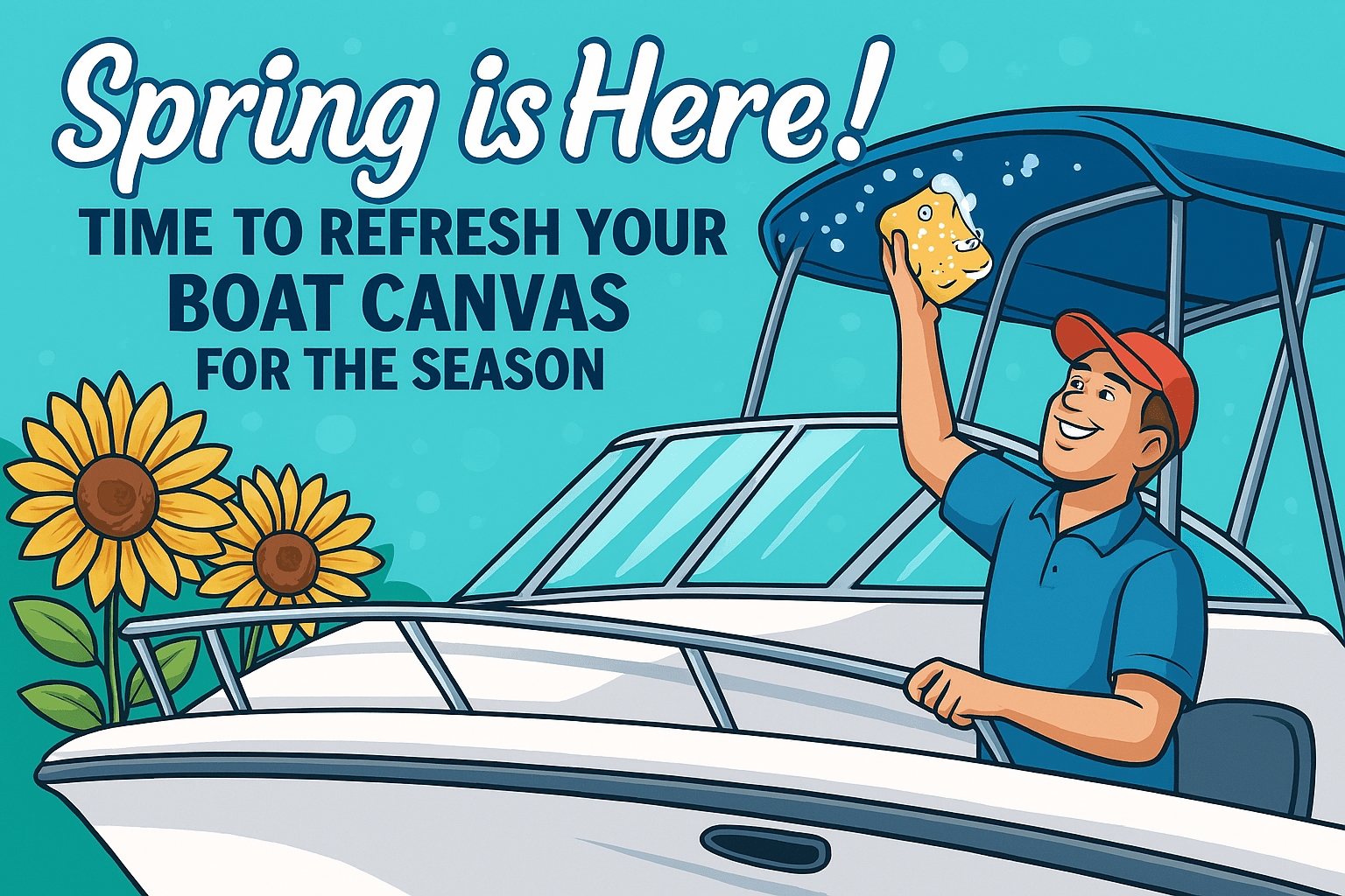 Flowers and boat with man cleaning canvas