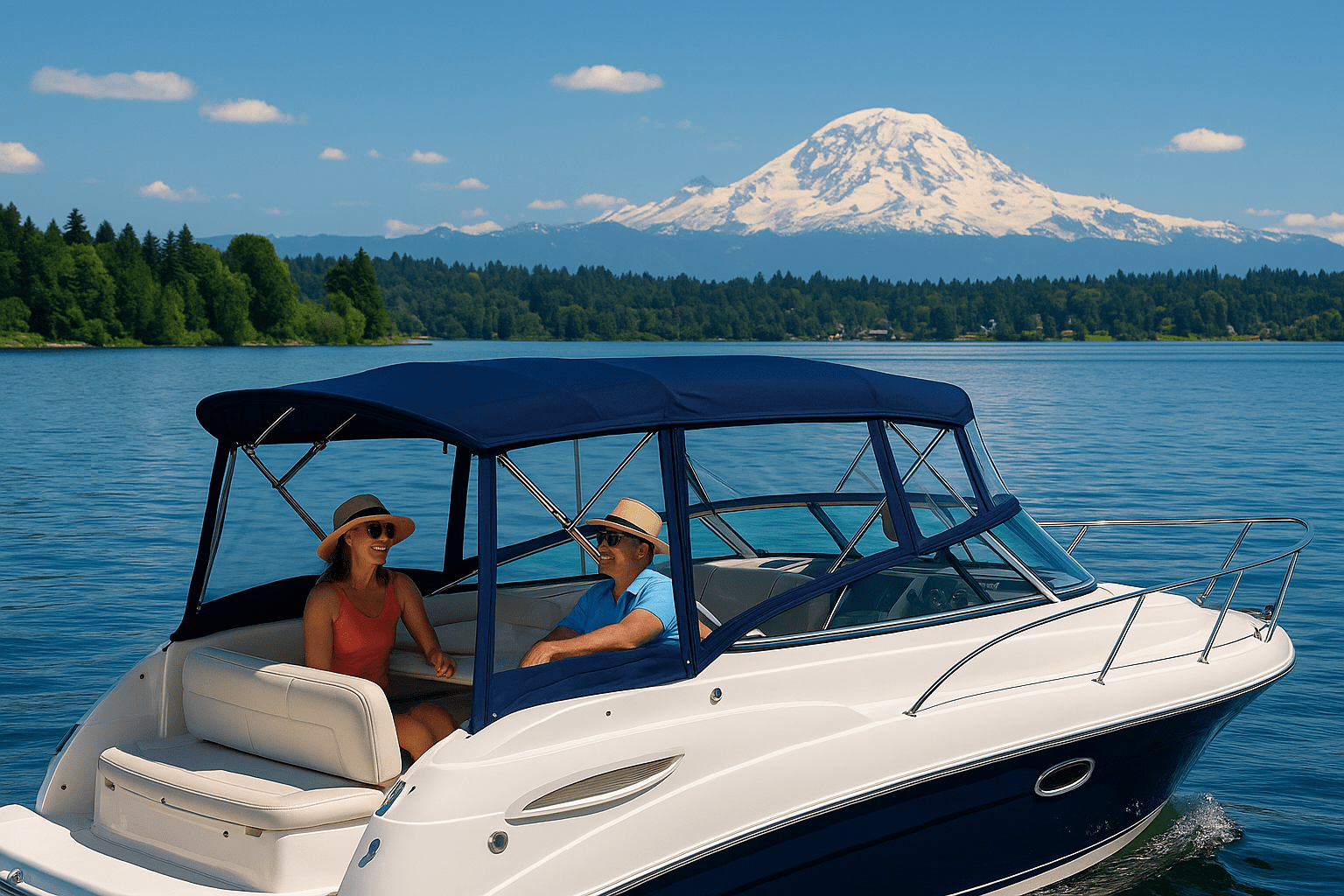 Couple enjoying the water on boat in front ofof Mr. Rainier
