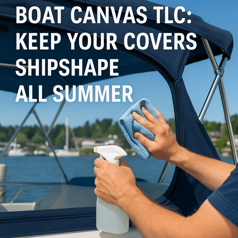 Person wiping clear vinyl window on boat. Boat Canvas Maintenance tips