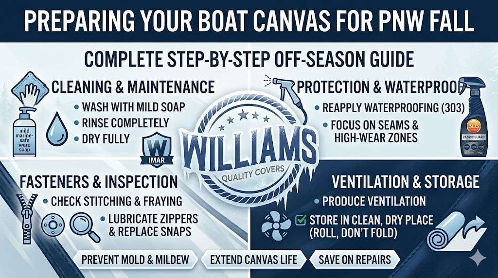 Comprehensive infographic for PNW fall boat canvas maintenance by Williams Quality Covers, featuring a step-by-step guide on cleaning with marine-safe soap, waterproofing with 303 Fabric Guard, inspecting fasteners, and ensuring proper ventilation to prevent mold and mildew.