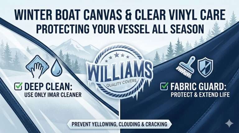 Winter boat canvas and clear vinyl care featuring the Williams Quality Covers logo, highlighting the use of IMAR cleaner for deep cleaning and fabric guard for seasonal protection against yellowing and cracking.
