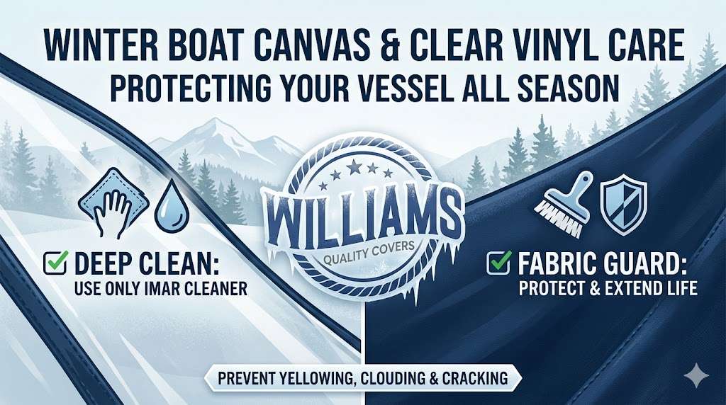 Winter boat canvas and clear vinyl care featuring the Williams Quality Covers logo, highlighting the use of IMAR cleaner for deep cleaning and fabric guard for seasonal protection against yellowing and cracking.