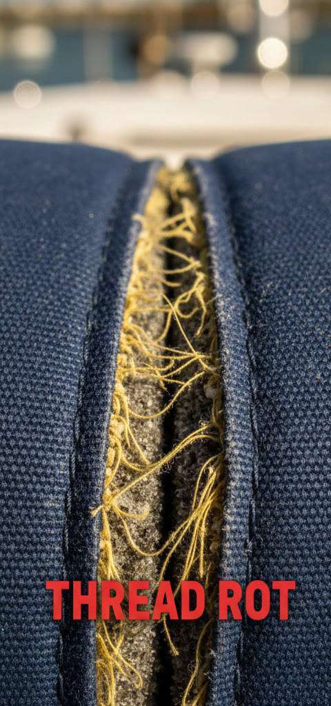Comparison of rotted polyester thread vs durable PTFE Lifetime Thread on boat canvas