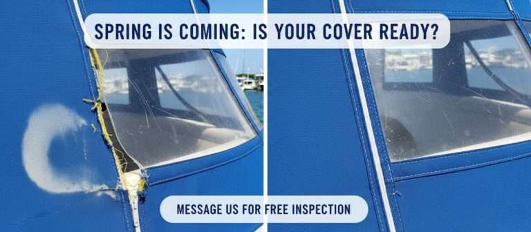 Before and after of a blue Sunbrella boat cover repair and Strataglass cleaning.