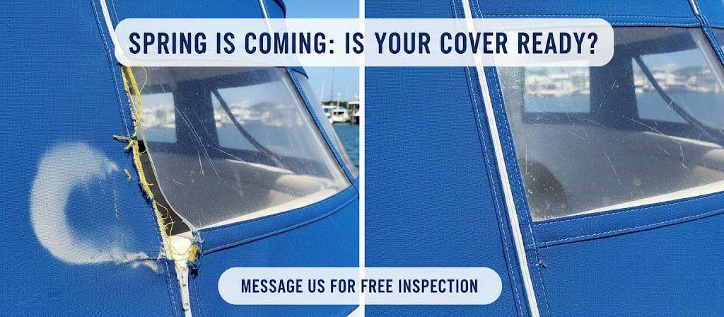 Before and after of a blue Sunbrella boat cover repair and Strataglass cleaning.