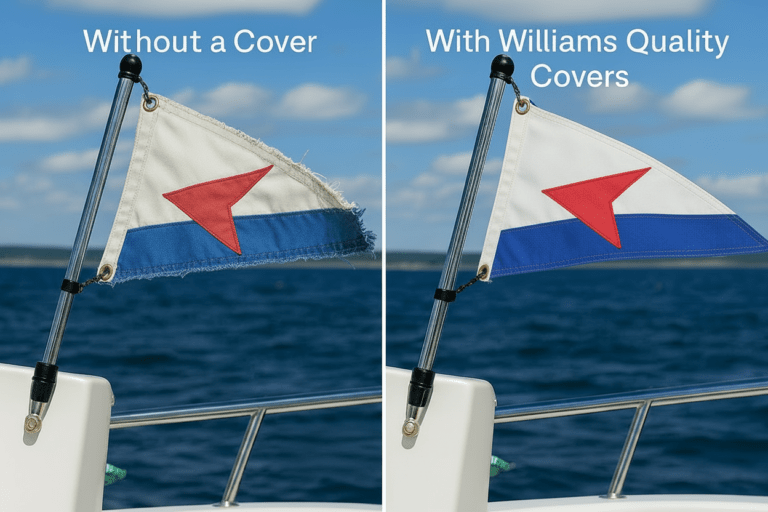 Comparison of a frayed boat flag without a cover vs a protected flag in a Williams Quality Cover.