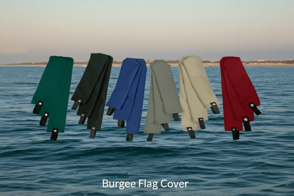 Group of colorful Sunbrella marine burgee flag covers in Pacific Blue, Captain Navy and Forest Green