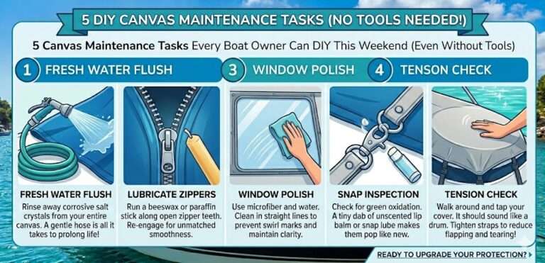 An infographic titled "5 DIY Canvas Maintenance Tasks" featuring five illustrated steps for boat care: a fresh water flush with a hose, lubricating zippers with a wax stick, polishing windows with a microfiber cloth, inspecting snaps for oxidation, and performing a tension "drum test" on a boat cover.