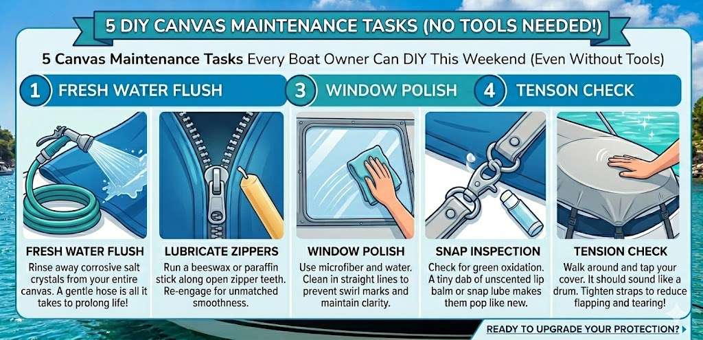 An infographic titled "5 DIY Canvas Maintenance Tasks" featuring five illustrated steps for boat care: a fresh water flush with a hose, lubricating zippers with a wax stick, polishing windows with a microfiber cloth, inspecting snaps for oxidation, and performing a tension "drum test" on a boat cover.