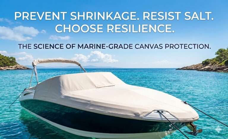A sleek powerboat with a perfectly fitted tan marine-grade cover moored in crystal clear turquoise water, featuring the text "Prevent Shrinkage. Resist Salt. Choose Resilience. The Science of Marine-Grade Canvas Protection."