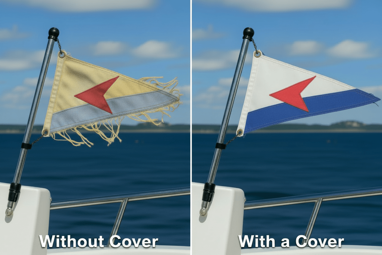 Burgee cover protecting a yacht club burgee on a sailboat mast