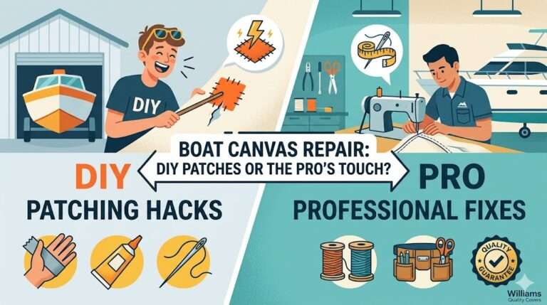Comparison guide for boat canvas repair showing DIY patching vs professional marine canvas fixes.