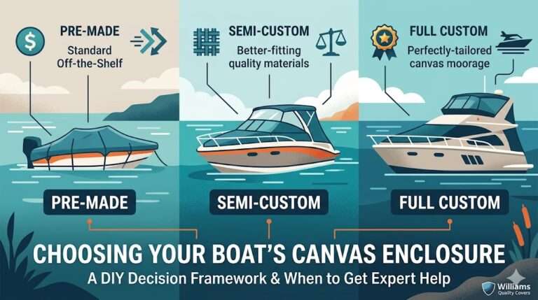 Comparison guide for choosing boat canvas enclosures showing pre-made, semi-custom, and full-custom options for marine protection.