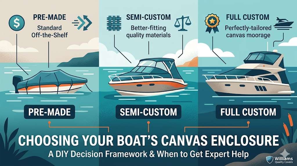 Comparison guide for choosing boat canvas enclosures showing pre-made, semi-custom, and full-custom options for marine protection.
