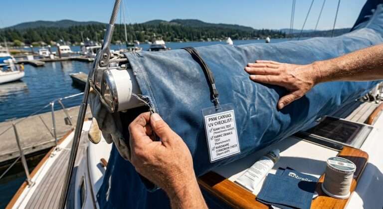 Boat canvas UV damage comparison — protected Sunbrella vs unprotected marine fabric