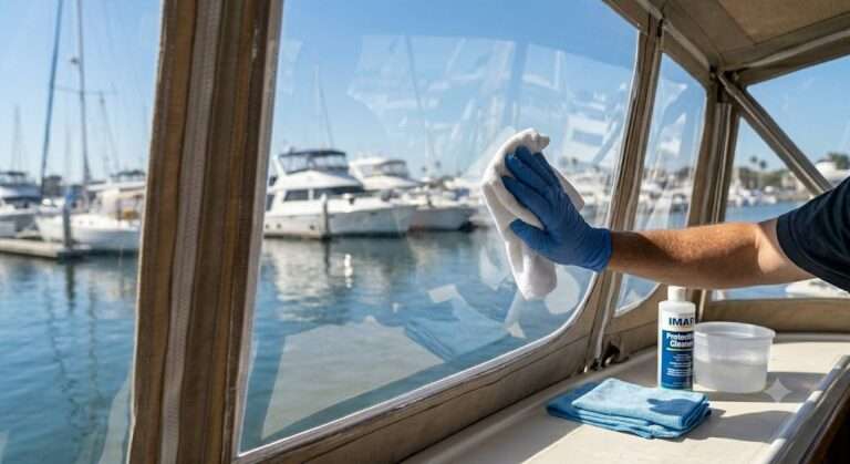 cleaning boat window with marina view