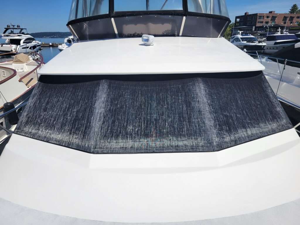 Before: original shade cover on a 52 Ocean Alexander