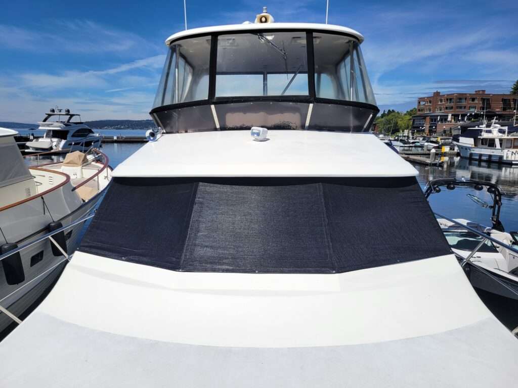 After: new Phifertex 70% shade cover on a 52 Ocean Alexander