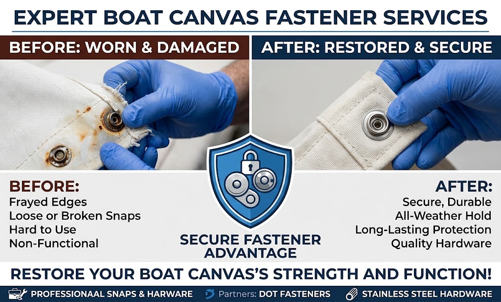 Snap and fastener hardware replacement on boat canvas