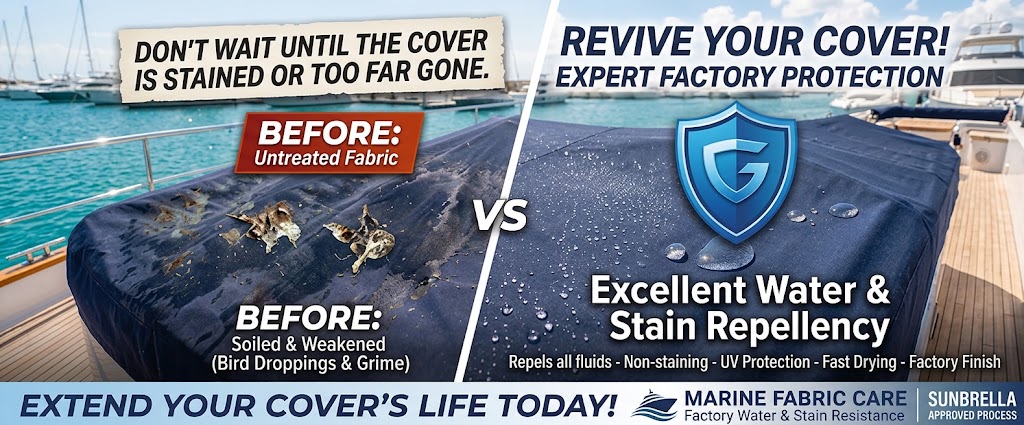 Boat canvas being treated with factory water and stain resistance at Williams Quality Covers
